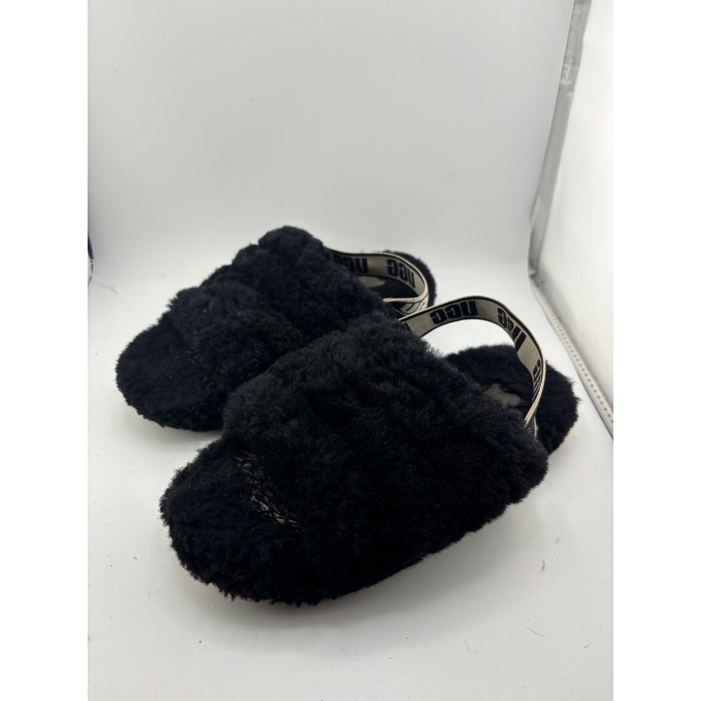 UGG Fluff Yeah Black Sheepskin Slide Sandals Kids Size 3 Elastic Slingback